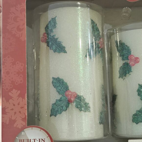 Loft Living Holly Berry Glittered 3 Piece LED Pillar Flameless Candle Set - Picture 4 of 9